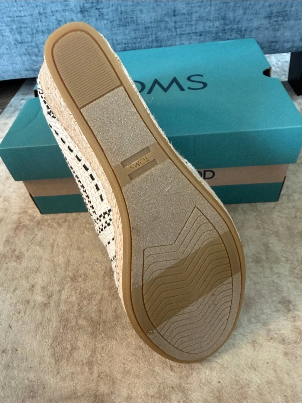 TOMS Michelle Cream and Black Woven Espadrille Wedge Peep Toe